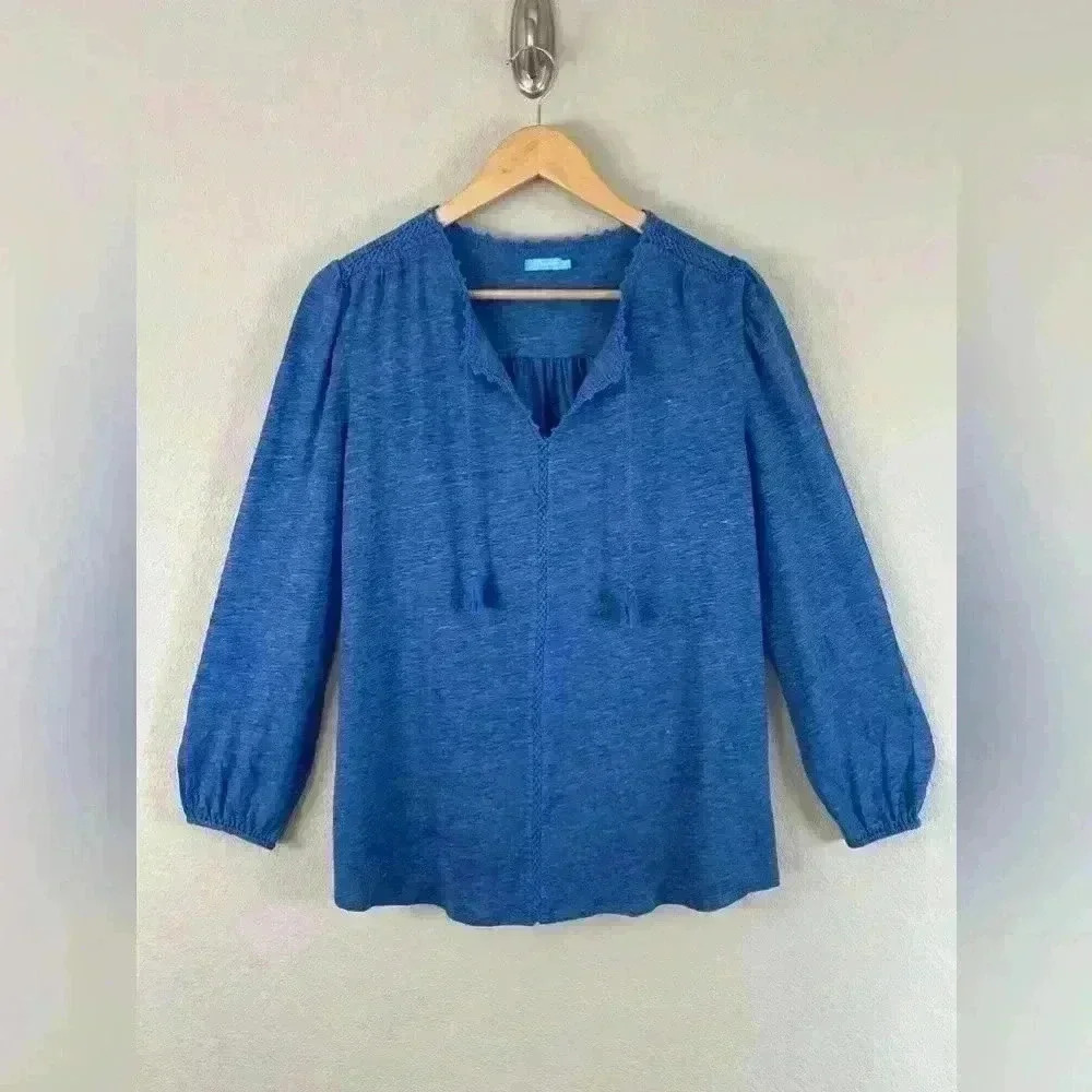 J. McLaughlin Blue Linen Stitch Embroidered Tassel Casual Top Women's Small